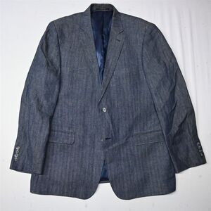 Tasso Elba 44L Blue Herringbone 100% Linen‎ Mens Blazer Suit Jacket Sport Coat